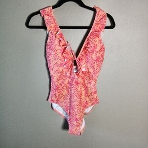 🦋 LOFT Beach Ruffled One Piece Swimsuit Orange Floral Size M